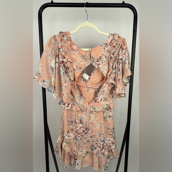 Angel Biba Peach Floral Ruffle Cutout Back Mini Dress Boho Festival NWT Size S - Picture 4 of 7